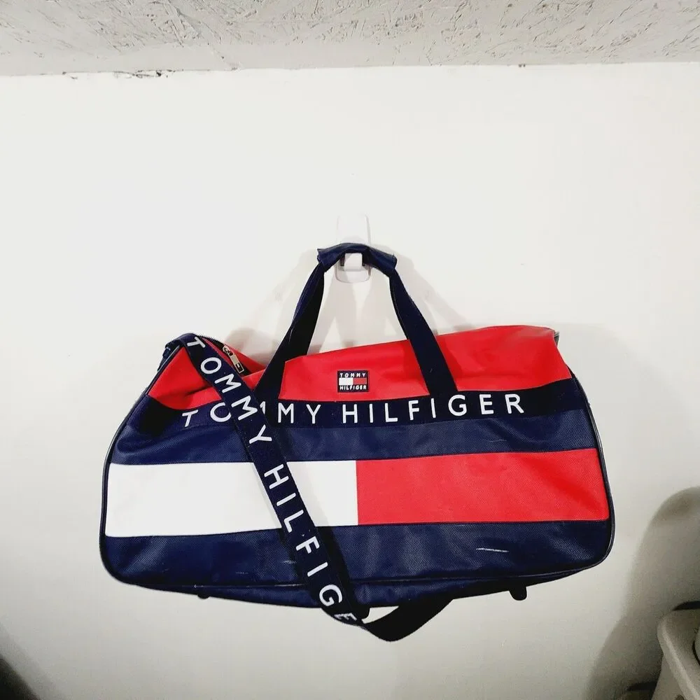 Vintage Tommy Hilfiger Duffle Bag 90s Big Flag Spell Out Strap Gym Travel Large